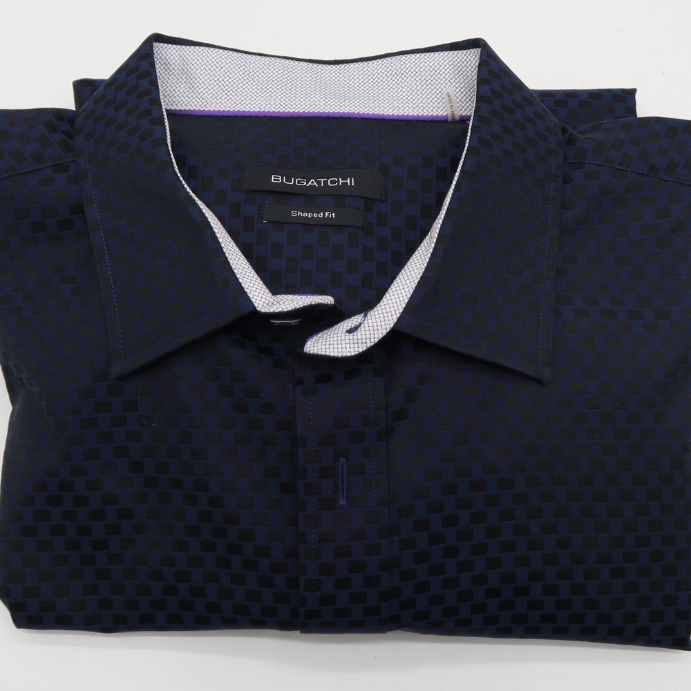 Bugatchi Mens XL Shaped Fit Long Sleeve Button Down‎ Shirt Navy Blue Geometric